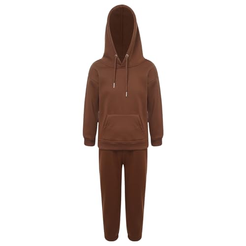 Jugaoge Kinder Sportanzug Basic Einfarbig Trainingsanzug Loose Fit Jogginganzug Kapuzenpullover Sweatshirt und Kordelzug Sporthose Jogginghose Tracksuit Kaffee 116-122 von Jugaoge