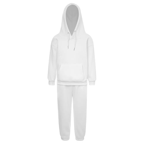 Jugaoge Kinder Sportanzug Basic Einfarbig Trainingsanzug Loose Fit Jogginganzug Kapuzenpullover Sweatshirt und Kordelzug Sporthose Jogginghose Tracksuit Weiß 140-146 von Jugaoge