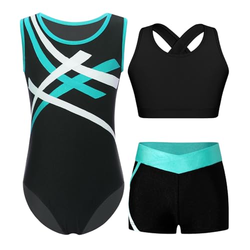 Jugaoge Mädchen Ärmellos Turnanzug Streifen Gymnastikanzug Stretch Tanzbody Leotard + Stretch Sport Shorts + Crop Top 3er Set Tanzoutfit Blau Grün 146-152 von Jugaoge