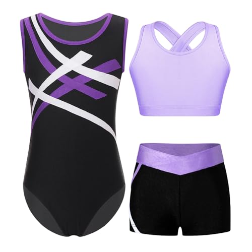 Jugaoge Mädchen Ärmellos Turnanzug Streifen Gymnastikanzug Stretch Tanzbody Leotard + Stretch Sport Shorts + Crop Top 3er Set Tanzoutfit Violett 122-128 von Jugaoge