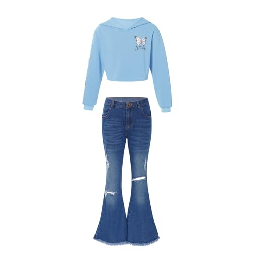 Jugaoge Mädchen Bekleidungsset Hooded Sweatshirt und High Waist Jeans Zerrissene Denim Hose mit Schlag Kinder 2 Teilig Herbst Winter Outfits Streetwear Hellblau 134-140 von Jugaoge