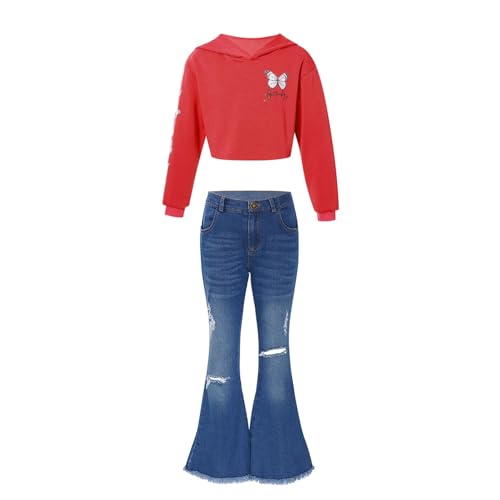 Jugaoge Mädchen Bekleidungsset Hooded Sweatshirt und High Waist Jeans Zerrissene Denim Hose mit Schlag Kinder 2 Teilig Herbst Winter Outfits Streetwear Rot 134-140 von Jugaoge