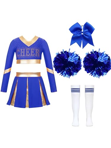 Jugaoge Mädchen Cheerleading Uniformen Langarm Crop Top Buchstaben Cheer Vorne Shirts + Faltenrock Gold Streifen Tanzrock + Pompoms + Kniestrümpfe + Haargummi A Blau 134-140 von Jugaoge
