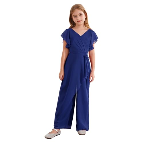 Jugaoge Mädchen Chiffon Jumpsuit Chiffon Overall Weite Hose V-Ausschsnitt Hosenanzug Festlich Kurzarm Tunika Top Sommer Einteiler Kinderbekleidung Königsblau 158-164 von Jugaoge