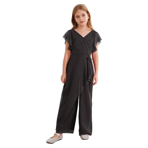 Jugaoge Mädchen Chiffon Jumpsuit Chiffon Overall Weite Hose V-Ausschsnitt Hosenanzug Festlich Kurzarm Tunika Top Sommer Einteiler Kinderbekleidung Schwarz 158-164 von Jugaoge
