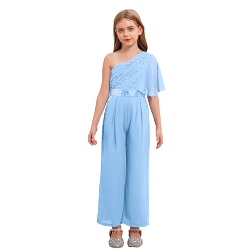 Jugaoge Mädchen Chiffon Jumpsuit Pailletten Overall One Shoulder Top und Weite Hose Sommer Hosenanzug Festliche Einteiler Kinderbekleidung Hellblau 122-128 von Jugaoge