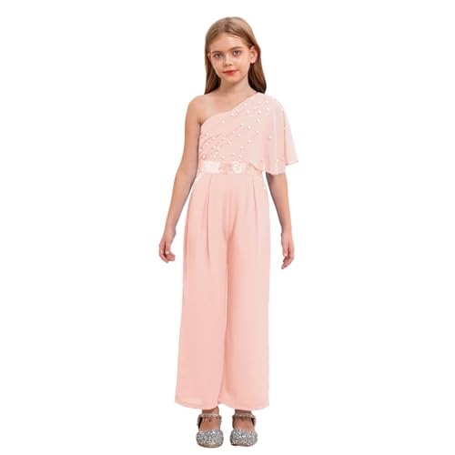 Jugaoge Mädchen Chiffon Jumpsuit Pailletten Overall One Shoulder Top und Weite Hose Sommer Hosenanzug Festliche Einteiler Kinderbekleidung Rosa 158-164 von Jugaoge
