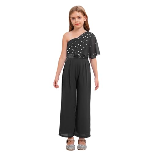 Jugaoge Mädchen Chiffon Jumpsuit Pailletten Overall One Shoulder Top und Weite Hose Sommer Hosenanzug Festliche Einteiler Kinderbekleidung Schwarz 134-140 von Jugaoge