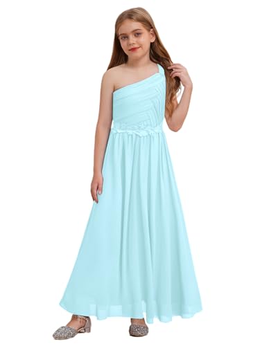 Jugaoge Mädchen Elegant Chiffon Kleid One Shouder Partykleid Hochzeit Blumenmädchenkleid Brautjungfernkleid Midi Lang Plissee Rock gr. 110-176 Hellblau 146-152 von Jugaoge