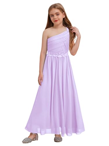 Jugaoge Mädchen Elegant Chiffon Kleid One Shouder Partykleid Hochzeit Blumenmädchenkleid Brautjungfernkleid Midi Lang Plissee Rock gr. 110-176 Lavendel 170-176 von Jugaoge