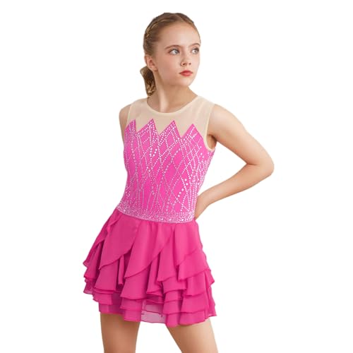 Jugaoge Mädchen Elegant Eiskunstlauf Kleider Ärmellose Kürkleider Tutu Tanzkleider Strass Mesh Spleiß Gymnastik Turn Body mit A Linie Rock Dancewear Hot Pink 170 von Jugaoge