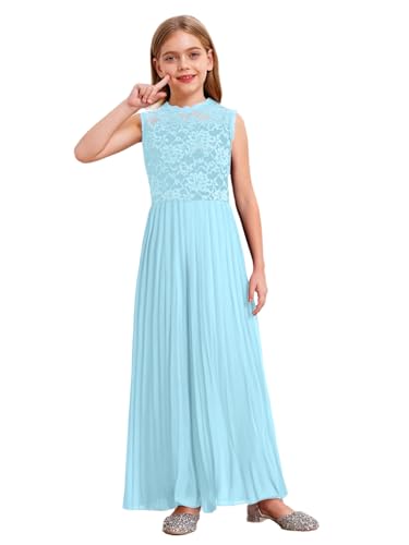Jugaoge Mädchen Elegant Jumpsuit Chiffon Lace Overall Prinzessin Hosenanzug Ärmellos Plissee Top und Lange Hose Weites Bein Sommer Einteiler Kinderbekleidung Himmelblau 146-152 von Jugaoge