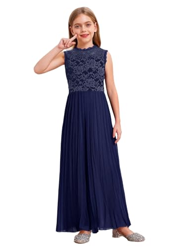 Jugaoge Mädchen Elegant Jumpsuit Chiffon Lace Overall Prinzessin Hosenanzug Ärmellos Plissee Top und Lange Hose Weites Bein Sommer Einteiler Kinderbekleidung Navy blau 146-152 von Jugaoge
