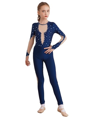 Jugaoge Mädchen Ganzkörper Turnanzug Langarm Glitzer Gymnastikanzug Mesh Spleiß Jumpsuit Overall Einteiler Tanzbekleidung Eiskunstlauf Outfits Navy blau 158-164 von Jugaoge