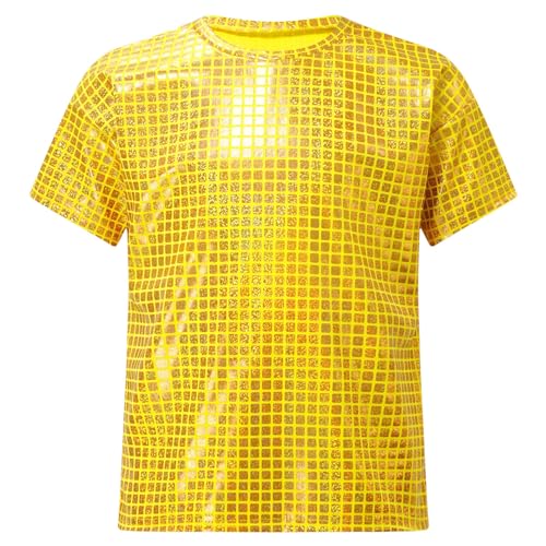 Jugaoge Mädchen Jungen Glänzend Pailletten T-Shirt Kurzarm Rundhals Tops Hip Hop Modern Jazz Tanzshirts Hippie Disco Party Outfits Gold 134-140 von Jugaoge