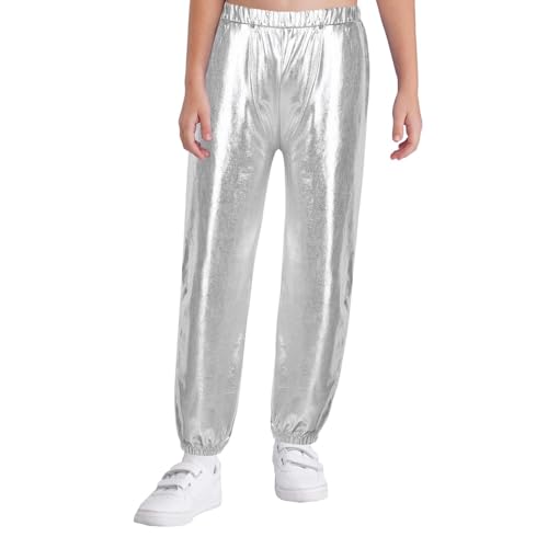 Jugaoge Mädchen Jungen Hose mit Glitzer Metallic Glänzend Sporthose Elastische Taille Jogginghose Loose Fit Traininghose mit Taschen Beinabschluss Tanzhose Silber 152-164 von Jugaoge