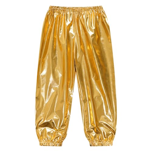 Jugaoge Mädchen Jungen Metallic Hose mit Glitzer Glänzend Sporthose Elastische Taille Jogginghose Loose Fit Traininghose mit Beinabschluss Tanzhose Dancewear Gold 158-164 von Jugaoge