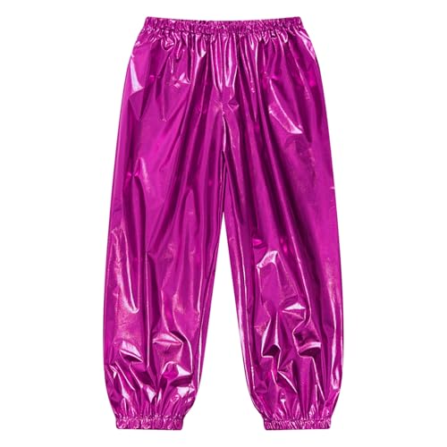 Jugaoge Mädchen Jungen Metallic Hose mit Glitzer Glänzend Sporthose Elastische Taille Jogginghose Loose Fit Traininghose mit Beinabschluss Tanzhose Dancewear Hot Pink 170 von Jugaoge