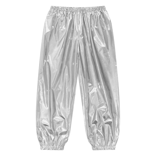 Jugaoge Mädchen Jungen Metallic Hose mit Glitzer Glänzend Sporthose Elastische Taille Jogginghose Loose Fit Traininghose mit Beinabschluss Tanzhose Dancewear Silber 146-152 von Jugaoge