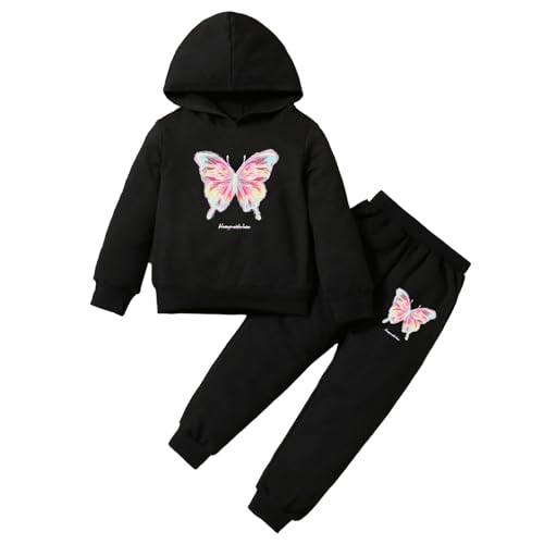 Jugaoge Mädchen Jungen Sportanzug Jogginganzug Schmetterling Kapuzenpullover Sweatshirt und Sporthose 2 Pcs Herbst Winter Laufen Fitness Outfits Rot 110-116 von Jugaoge