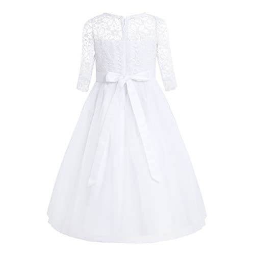 Jugaoge Mädchen Langarm Brautjungfern Kleid Floral Spitzen Tüll Hochzeitskleider Midikleid Prinzessin Kommunions Festzug Bekleidung Weiß 122-128 von Jugaoge