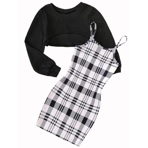 Jugaoge Mädchen Langarm Crop Top Basic Einfarbig Sweatshirt + Kariertes Kleid mit Spaghettiträgern Zweiteiler Bekleidungsset Streetwear Schwarz 110-116 von Jugaoge