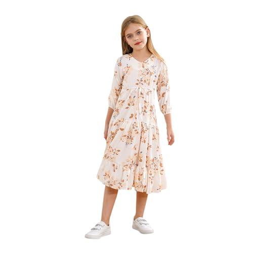 Jugaoge Mädchen Langarm Kleider Blumendruck Hohe Taille Sommerkleider Winterkleider Ausgestellt Rock Schule Strand Urlaub Outfits Streetwear Beige 110-116 von Jugaoge