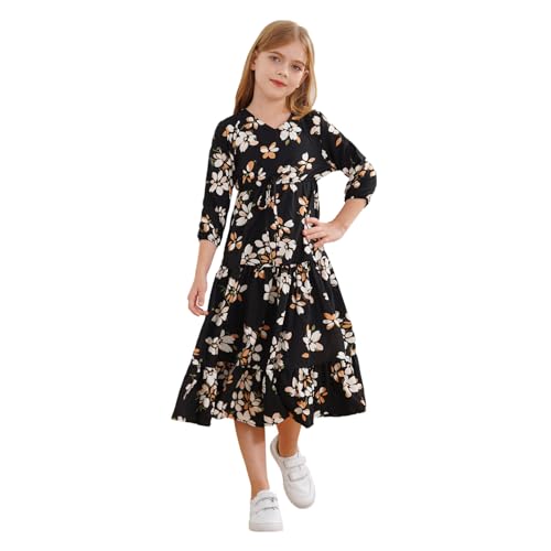Jugaoge Mädchen Langarm Kleider Blumendruck Hohe Taille Sommerkleider Winterkleider Ausgestellt Rock Schule Strand Urlaub Outfits Streetwear Schwarz 146-152 von Jugaoge