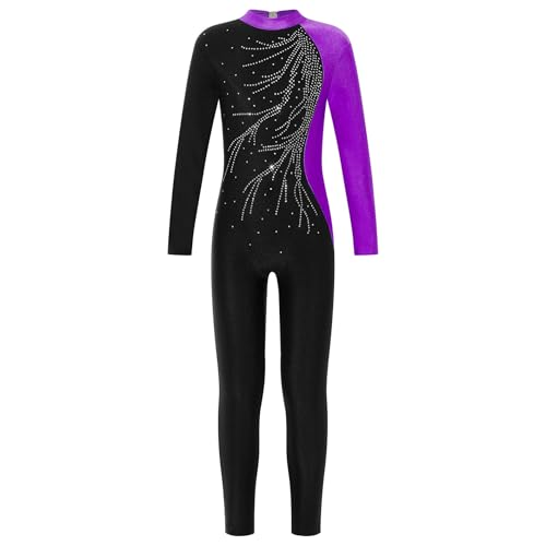 Jugaoge Mädchen Langarm Leotard Streifen Turnanzug Gymnastikanzug Ganzkörper Body Ballett Tanz Trikot Sport Overall Jumpsuit Dancewear Violett A 122-128 von Jugaoge
