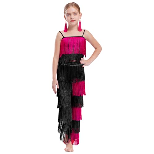 Jugaoge Mädchen Latein Outfits Spaghetti Top Fransen Shirt + Lange Hose mit Quaste + Ohrringe 3Pcs Tanzbekleidung für Cha Cha Samba Salsa Schwarz & Hot Pink 158-164 Jugaoge Mädchen Latein Outfits Spaghetti Top Fransen Shirt + Lange Hose mit Quaste + Ohrringe 3Pcs Tanzbekleidung für Cha Cha Samba Salsa Schwarz & Hot Pink 158-164 von Jugaoge