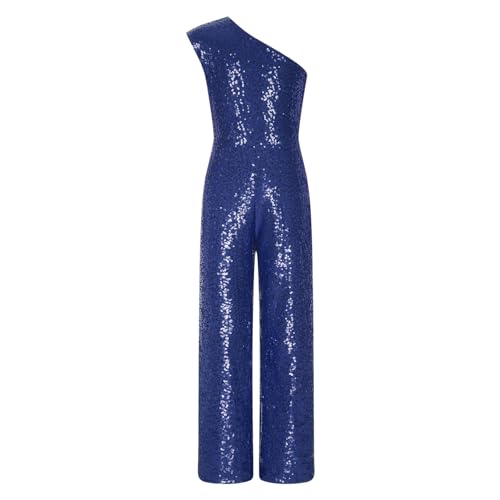 Jugaoge Mädchen Metallic Jumpsuit One Shouder Overall Ärmellos Hosenanzug für Hochzeit Party Geburtstag Einteiler Lang Romper Tanzoutfit Navy blau 122-128 von Jugaoge