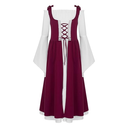 Jugaoge Mädchen Renaissance Kleid Langarm Mittelalter Partykleid mit Trompetenärmel Gotic Retro Midikleid Halloween Outfits Burgundy 158-164 von Jugaoge