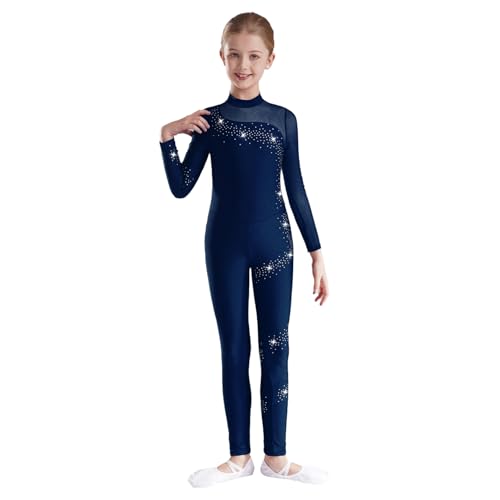 Jugaoge Mädchen Rollkragen Ganzkörperanzug Glitzer Turnanzug Gymnastikanzug Mesh Spleiß Ballett Tanz Body Einteiler Tanzbekleidung Navy blau 158-164 von Jugaoge