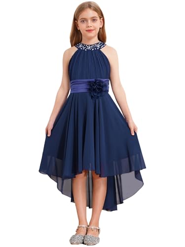 Jugaoge Mädchen Sommer Kleider Pailletten Chiffon Partykleid mit Blumen Bowknot Plissee Unregelmäßig Brautjungfernkleid Abschlusskleid für 5-14 Jahre Navy blau 158-164 von Jugaoge