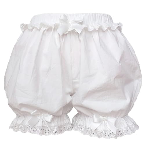 Jugaoge Mädchen Sommer Shorts mit Schleife Spitze Bloomers Elastische Taille Viktorianische Pumphose Kurze Hose Lolita Nachtwäsche Weiß 128-152 von Jugaoge