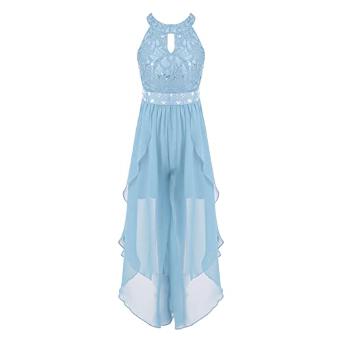 Jugaoge Mädchen Spitzen Jumpsuit Chiffon Overall Weite Hose Unregelmäßig Hosenanzug Neckholder Top Sommer Festliche Kinderbekleidung Einteiler Himmelblau 158-164 von Jugaoge