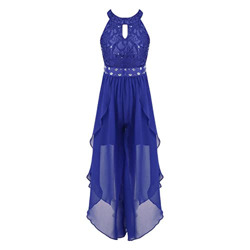 Jugaoge Mädchen Spitzen Jumpsuit Chiffon Overall Weite Hose Unregelmäßig Hosenanzug Neckholder Top Sommer Festliche Kinderbekleidung Einteiler Königsblau 146-152 von Jugaoge