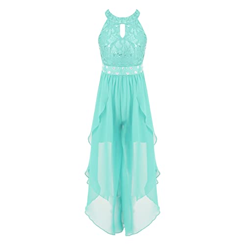 Jugaoge Mädchen Spitzen Jumpsuit Chiffon Overall Weite Hose Unregelmäßig Hosenanzug Neckholder Top Sommer Festliche Kinderbekleidung Einteiler Minzgrün 170-176 von Jugaoge