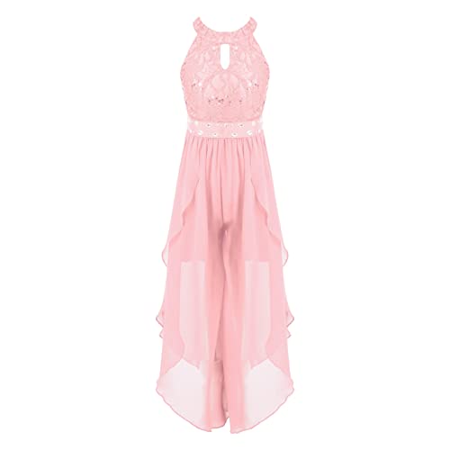 Jugaoge Mädchen Spitzen Jumpsuit Chiffon Overall Weite Hose Unregelmäßig Hosenanzug Neckholder Top Sommer Festliche Kinderbekleidung Einteiler Rosa 146-152 von Jugaoge