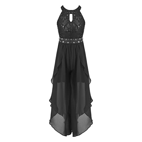 Jugaoge Mädchen Spitzen Jumpsuit Chiffon Overall Weite Hose Unregelmäßig Hosenanzug Neckholder Top Sommer Festliche Kinderbekleidung Einteiler Schwarz 158-164 von Jugaoge