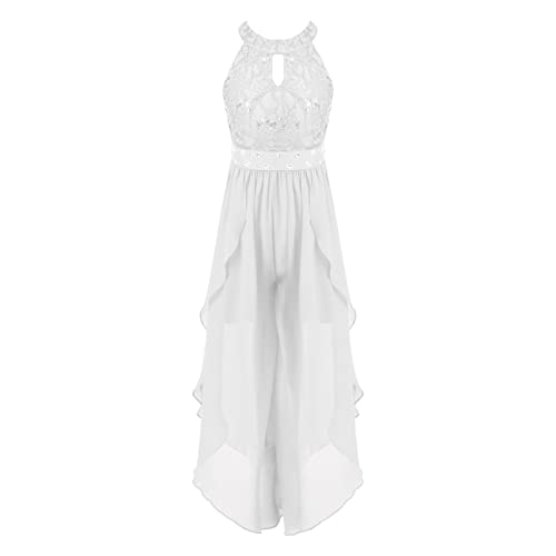 Jugaoge Mädchen Spitzen Jumpsuit Chiffon Overall Weite Hose Unregelmäßig Hosenanzug Neckholder Top Sommer Festliche Kinderbekleidung Einteiler Weiß 170-176 von Jugaoge