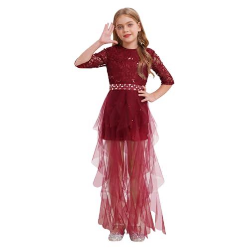 Jugaoge Mädchen Spitzen Kleid mit Glitzer Halbarm Minikleid mit Unregelmäßig Volants Tutu Rock Sommer Festlich Hochzeit Blumenmädchen Brautjungfern Kleidung Burgundy 170 von Jugaoge
