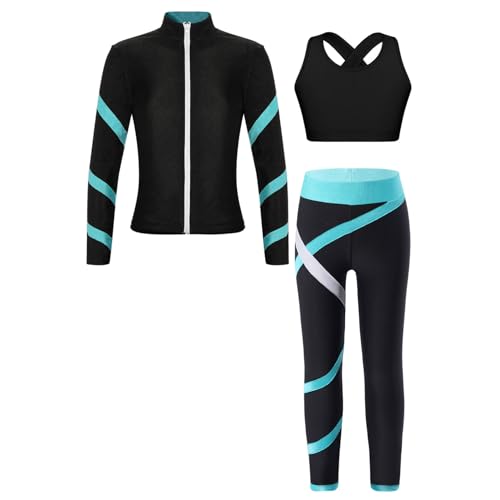 Jugaoge Mädchen Sport Bekleidungsset aus Bustier Top und Lange Hose Langarm Jacke mit Reisverschluss Fitness Yoga Training Tanz Outfits Blau Grün 158-164 von Jugaoge