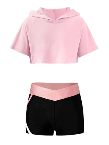Jugaoge Mädchen Sport Crop Top Kurzarm Kapuzenshirt und Kurze Hose Leggings Sommer Zweiteiler Ballett Tanz Gymnastik Turn Outfits Bekleidungsset Rosa 158-164 von Jugaoge
