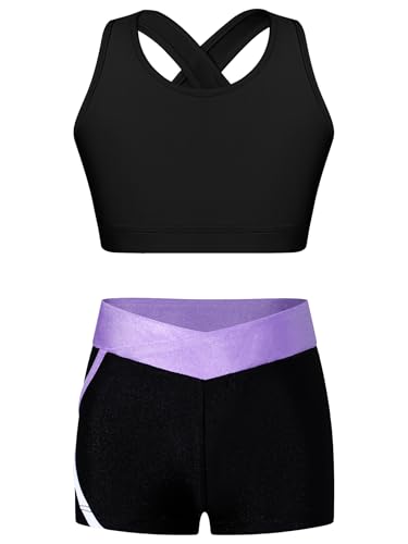 Jugaoge Mädchen Sport Crop Top und Kurze Hose Leggings Sommer Zweiteiler Yoga Fitness Training Anzug Gym Workout Bekleidungsset Schwarz Lila 170-176 von Jugaoge