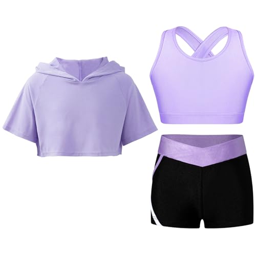 Jugaoge Mädchen Sport Kleidung Set aus Bustier Top und Kurze Hose Kurzarm Kapuzenshirt Kurz Bauchfrei Tshirt Sommer Fitness Tanz Outfits Lavendel 122-128 von Jugaoge