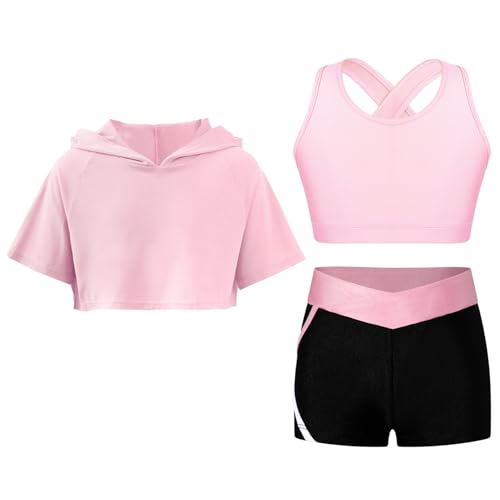 Jugaoge Mädchen Sport Kleidung Set aus Bustier Top und Kurze Hose Kurzarm Kapuzenshirt Kurz Bauchfrei Tshirt Sommer Fitness Tanz Outfits Rosa 122-128 von Jugaoge