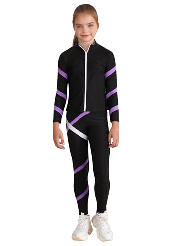 Jugaoge Mädchen Sportanzug Trainingsanzug mit Farbblock Langarm Jacke mit Reisverschluss und Sporthose Slim Fit Leggings Gym Workout Outfits Helles Lila 134-140 von Jugaoge