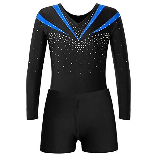 Jugaoge Mädchen Turnanzug Strasssteine Gymnastikanzug Langarm Trikotanzug mit Bein Sport Yoga Fitness Training Shorts Kurze Hose Tanz Kleidung Set Blau 110-116 von Jugaoge