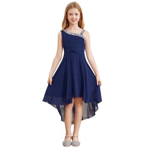 Jugaoge Mädchen Unregelmäßiges Kleid Ärmellos Elegant Partykleid Pailletten Chiffon Blumenmädchenkleid Vorne Kurz Hinten Lang Hochzeitskleider Navy blau 134-140 von Jugaoge